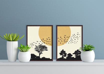 Set of 2 Abstract Nature Minimalist Art - Forest Birds