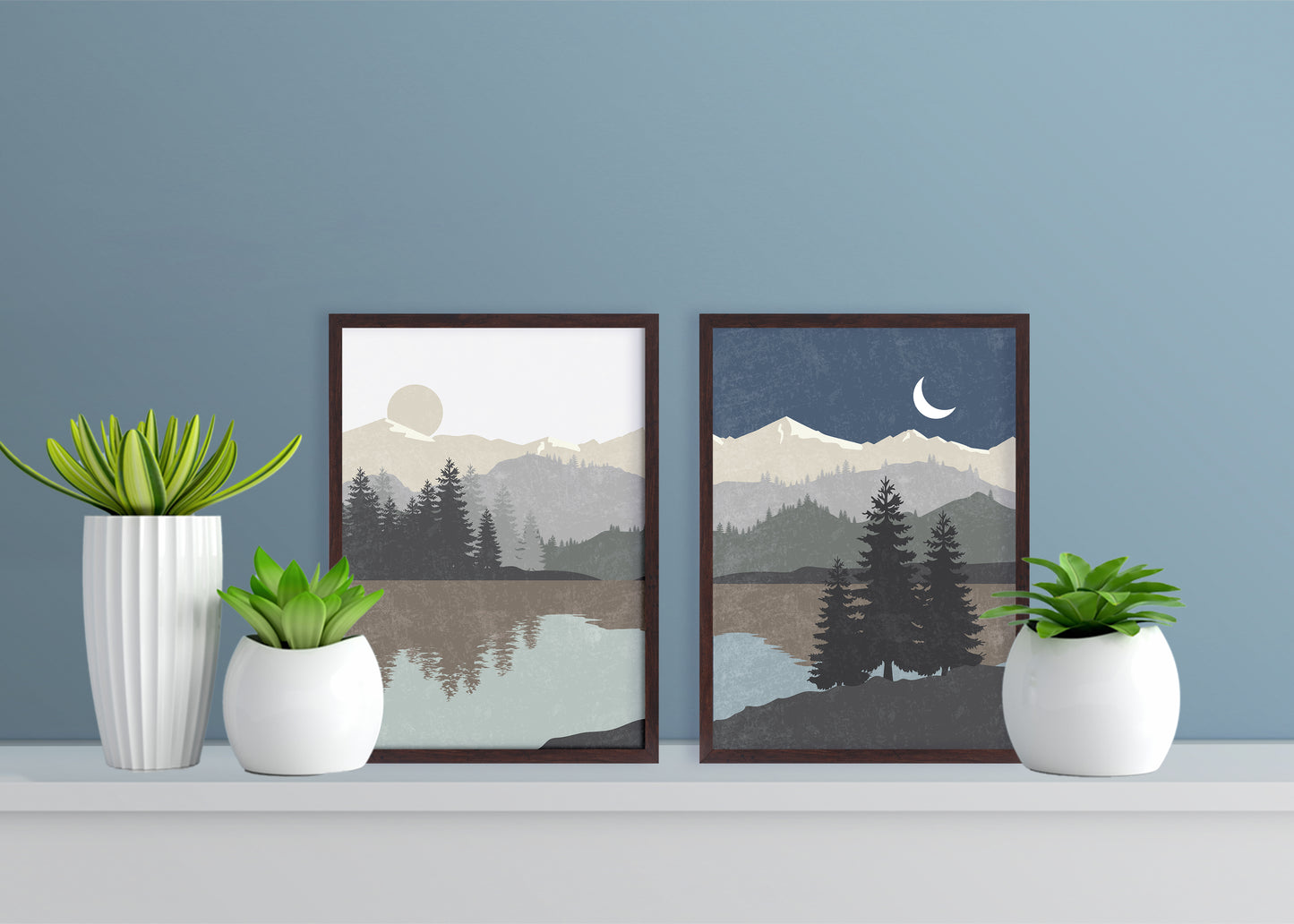 Set of 2 Abstract Nature Minimalist Art - Moon Sun and Mountain