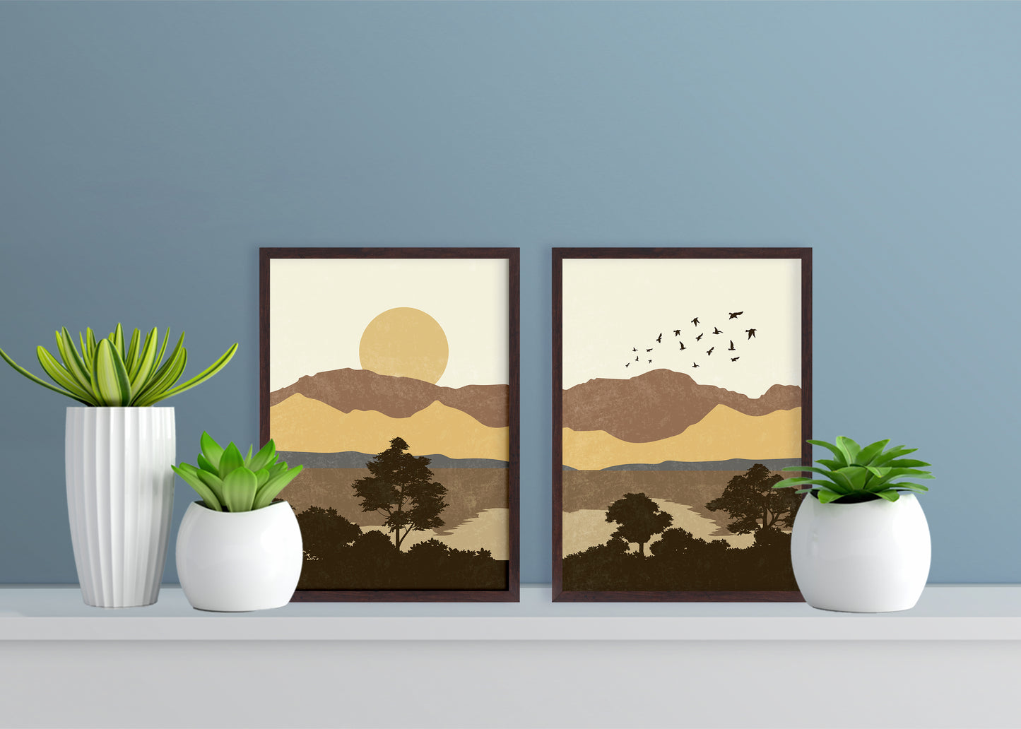 Set of 2 Abstract Nature - Sun and Mountain - Minimalist Art