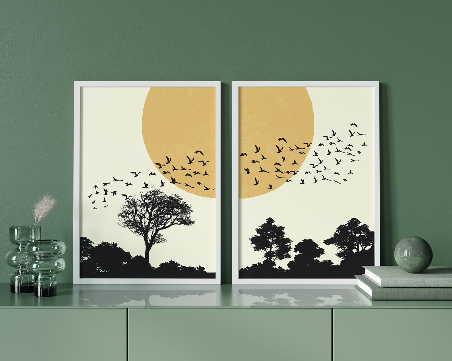 Set of 2 Abstract Nature Minimalist Art - Forest Birds