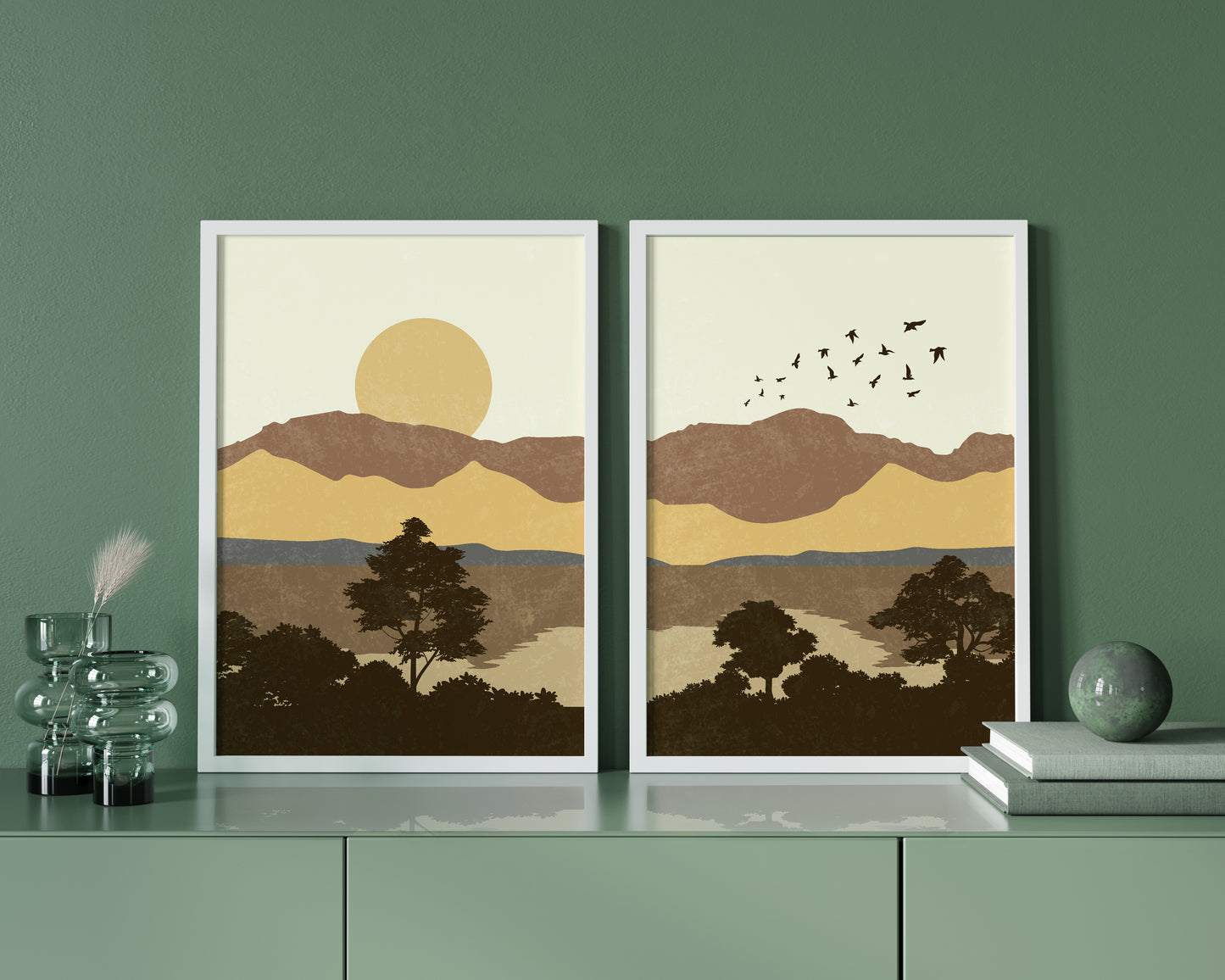 Set of 2 Abstract Nature - Sun and Mountain - Minimalist Art