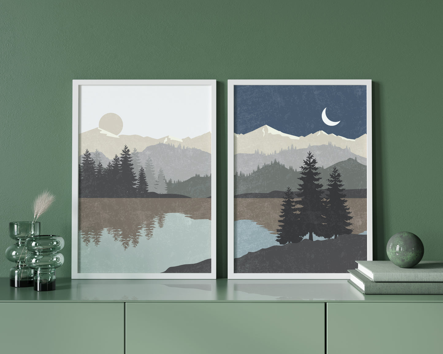 Set of 2 Abstract Nature Minimalist Art - Moon Sun and Mountain