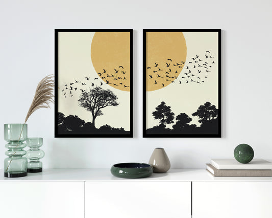 Set of 2 Abstract Nature Minimalist Art - Forest Birds