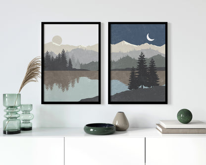 Set of 2 Abstract Nature Minimalist Art - Moon Sun and Mountain