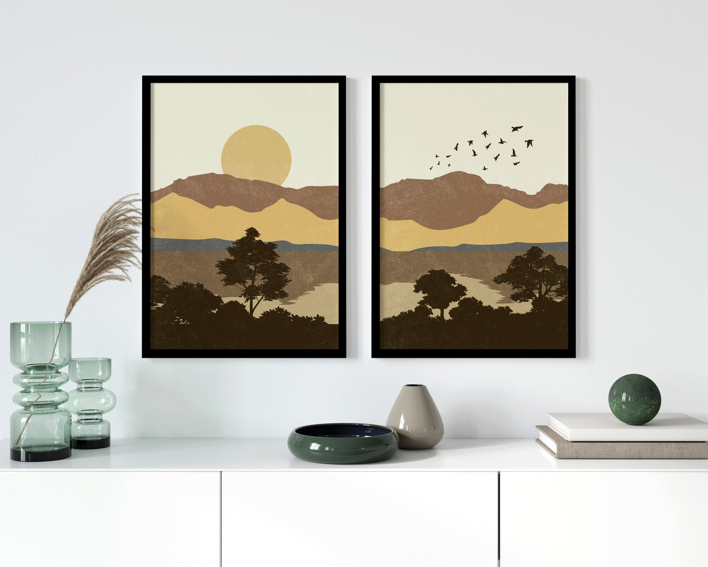 Set of 2 Abstract Nature - Sun and Mountain - Minimalist Art