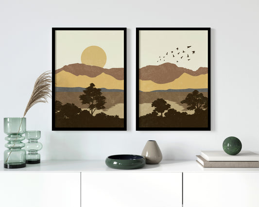 Set of 2 Abstract Nature - Sun and Mountain - Minimalist Art