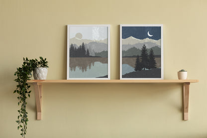 Set of 2 Abstract Nature Minimalist Art - Moon Sun and Mountain