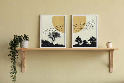 Set of 2 Abstract Nature Minimalist Art - Forest Birds